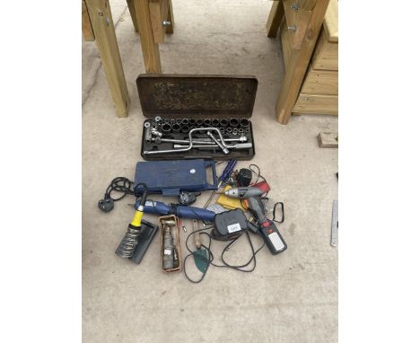 AN ASSORTMENT OF TOOLS TO INCLUDE SOCKET SETS, SOLDERING IRONS AND ELECTRIC SCREW DRIVERS ETC 