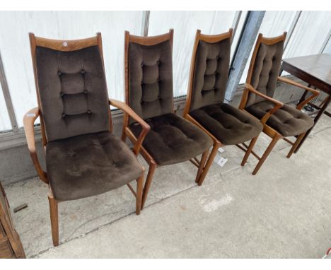 FOUR RETRO TEAK BUTTON-BACK DINING CHAIRS, TWO BEING CARVERS 