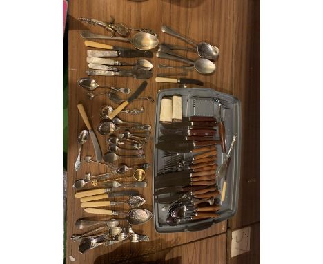 A LARGE COLLECTION OF FLATWARE TO INCLUDE WOODEN HANDLES AND SILVER PLATED 