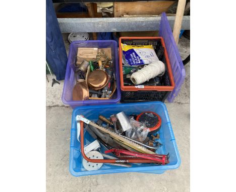 THREE BOXES PF TOOLS AND HARDWARE - EXTENSION LEAD, COPPER PANS, BRASS BLOW TORCH, BOW SAW ETC 