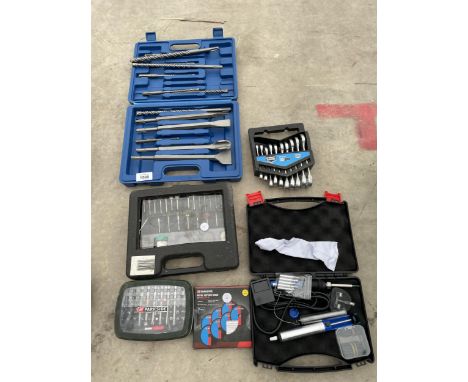 AN SDS DRILL SET, SPANNER SET, ANGLE GRINDER DISCS ETC 
