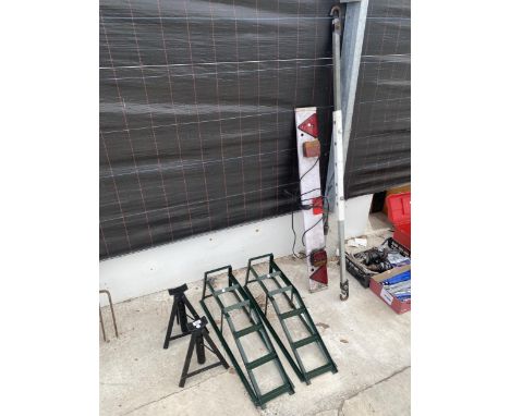 TWO AXLE STANDS, TWO CAR RAMPS, A TRAILER LIGHT BOARD AND A METAL BOX SECTION 