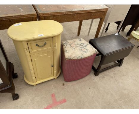 A YELLOW PAINTED BEDSIDE LOCKER, LLOYD LOOM OTTOMAN/STOOL AND SMALL DROP-LEAF TABLE 