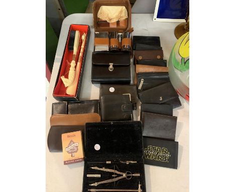 A COLLECTION OF WALLETS, A GEOMETRY SET AND CASED GENTLEMENS SETS 