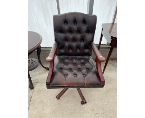 A LEATHER BUTTON-BACK SWIVEL OFFICE CHAIR BY CENTURION THE CHESTERFIELD SPECIALISTS 