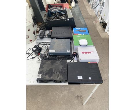 AN ASSORTMENT OF TV BOXES TO INCLUDE A FLOURENON VIDEO RECORDER, NETWORK DVR AND A DVD PLAYER ETC 