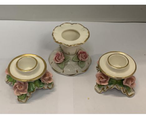 THREE DECORATIVE PINK ROSE DESIGN DRESDEN CANDLE STICK HOLDERS 