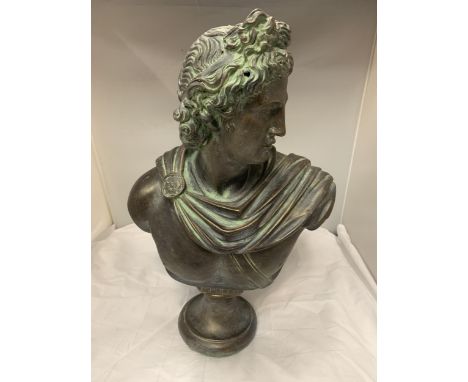 A LARGE BRONZE EFFECT STONE BUST OF APOLLO, HEIGHT APPROX 51CM 