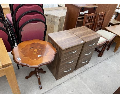 AN ITALIAN STYLE TRIPOD TABLE, PAIR OF BEDROOM CHESTS AND A PAIR OF SPINDLE-BACK DINING CHAIR 