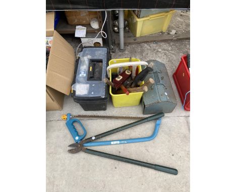 TWO TOOL BOXES AND VARIOUS TOOLS - SCREWDRIVERS, BOW SAW, LOPPERS ETC 