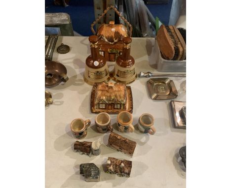 A SELECTION OF CERAMICS TO INCLUDE  VINTAGE COTTAGE WARE  , TWO WADE BELLS SCOTCH WHISKY DECANTERS ETC 