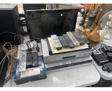 AN ASSORTMENT OF ITEMS TO INCLUDE A JVC TELEVISION, A PANASONIC DVD RECORDER AND A VHS PLAYER 