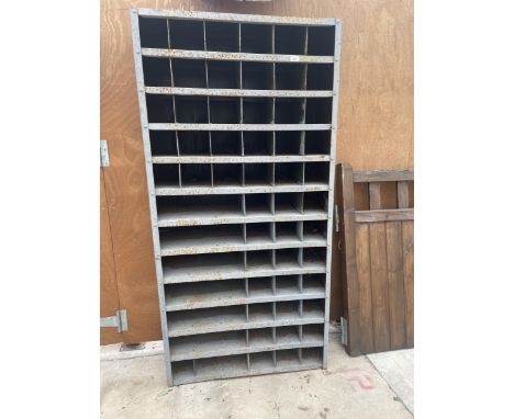 A VINTAGE METAL 60 SECTION PIGEON HOLE STORAGE UNIT 