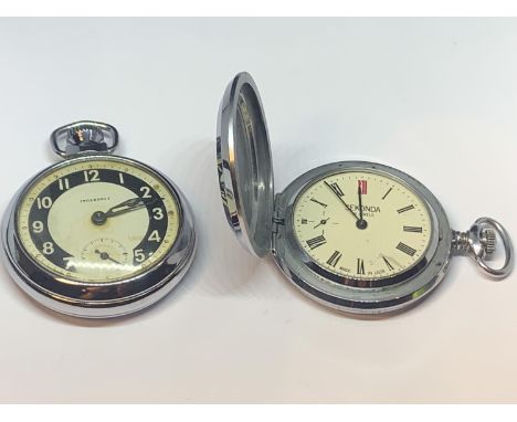 TWO VINTAGE WHITE METAL POCKET WATCHES TO INCLUDE AN INGERSOLL AND A SEKONDA 18 JEWELS BOTH SEEN WORKING BUT NO WARRANTY 