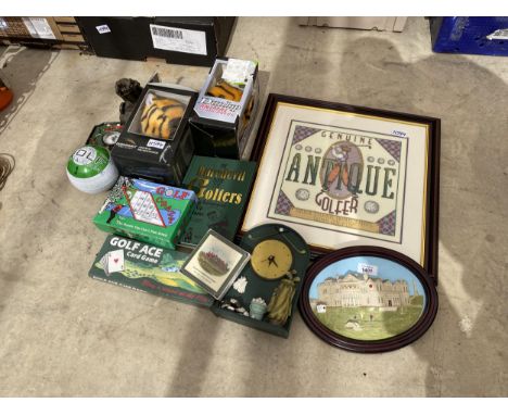 AN ASSORTMENT OF GOLF RELATED ITEMS TO INCLUDE A FRAMED TAPESTRY, A CLOCK AND GAMES ETC 
