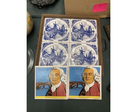 A VINTAGE DELFT FOUR TILE SERVING TRAY AND TWO JAMES BRINDLEY TILES 