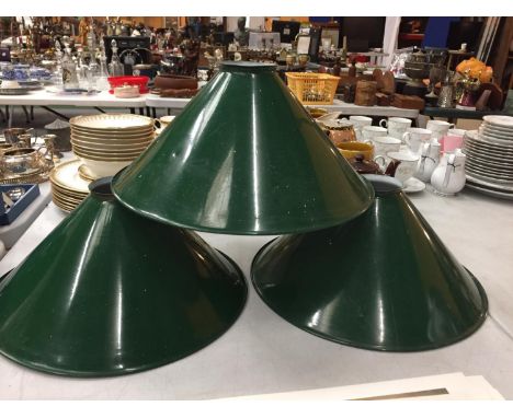 THREE GREEN INDUSTRIAL METAL LIGHT SHADES 