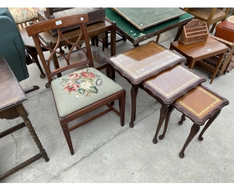 A MAHOGANY AND INLAID SINGLE DINING CHAIR WITH TAPESTRY SEAT AND A NEST OF THREE TABLES 