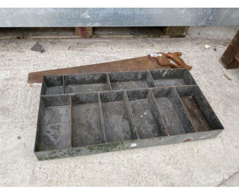 A VINTAGE GALVANISED TOOL TRAY AND A VINTAGE JOINER'S SAW 