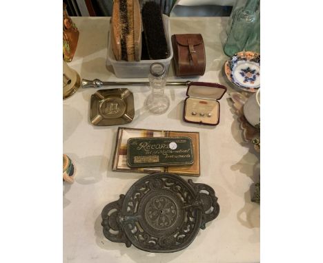 A MIXED SELECTION TO INCLUDE A VINTAGE TIN  SET OF MATHEMATICAL INSTRUMWNTS , SHOE POLISHING BRUSHES ETC 