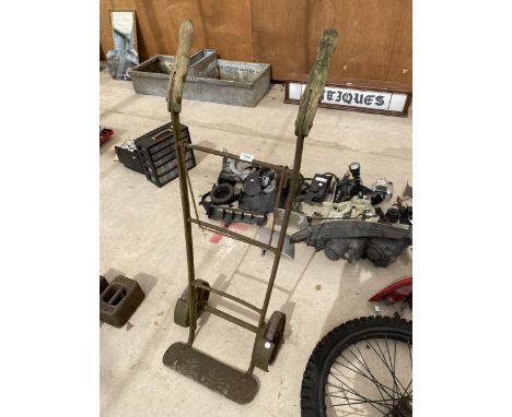 A VINTAGE TWO WHEELED METAL SACK TRUCK WITH WOODEN HANDLES 