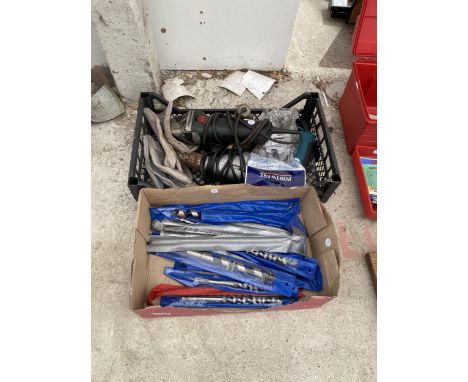 VARIOUS NEW DRILL BITS, AN ANGLE GRINDER AND A DRILL 