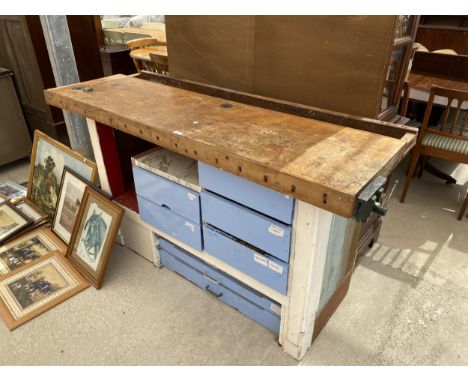 A VINTAGE PAINTED WORK BENCH WITH SMALL VICE AND LOWER DRAWER UNITS 