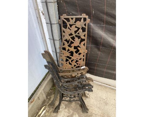 TWO PAIRS OF VINTAGE CAST IRON BENCH ENDS AND A CAST IRON BENCH BACK 