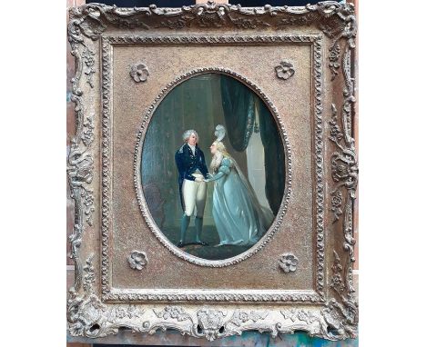 A 19th century English School, "George IV and Mrs Fitzherbert", oil on copper, within a French Louis XV style frame carved an