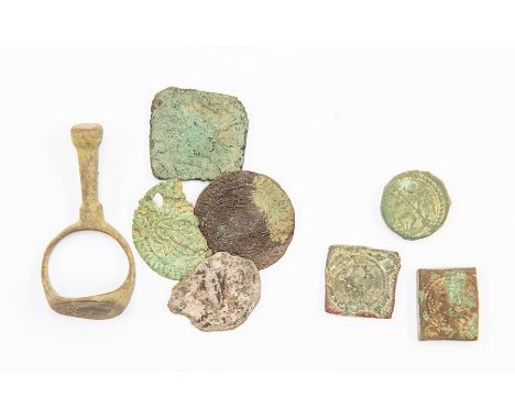A mixed lot of detecting finds (8), Roman to Post-Medieval. Lot includes: a poor condition base silver radiate of Postumus (A