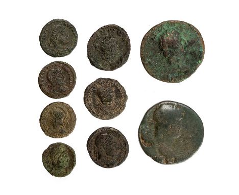 A mixed lot of nine copper-alloy Roman coins, mostly 4th century, but with a smattering of earlier material. Represented in t