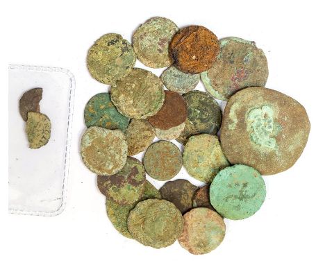 A mixed lot of twenty-one copper-alloy Roman coins.  The majority later 4th century Valentinianic types, with a few Constanti
