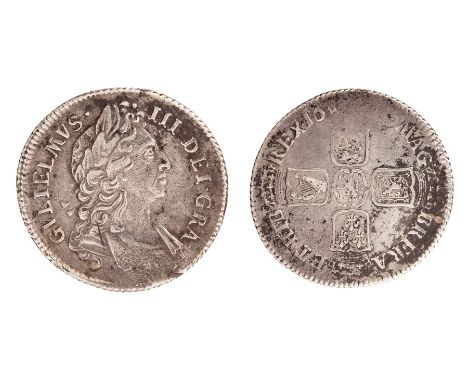 A milled silver shilling of William III, dated 1696. First bust, no marks. Spink 3502. About Fair or slightly better. Weight: