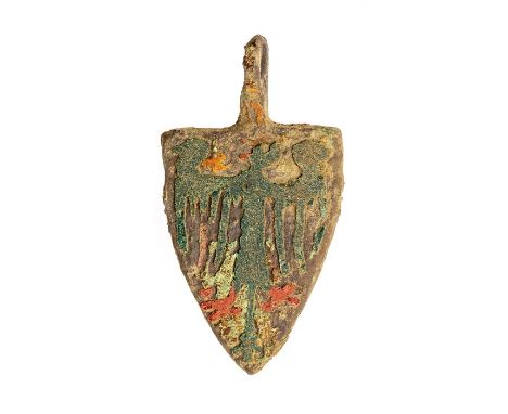 A complete cast copper-alloy, enamel and gilt heraldic harness pendant of Sir Ralph de Monthermer (1270-1325) dating to the M