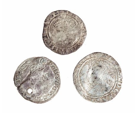 Three silver hammered coins: two sixpences, the first- Elizabeth I, dated 1593 with the Tun initial mark. The second-Charles 