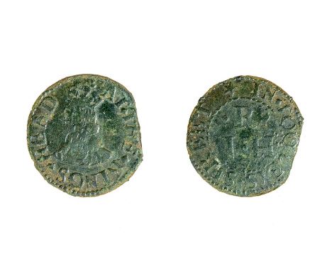 A copper-alloy farthing trade token of an unknown issuer, dating to the 17th century- c. 1648-1674. Obverse: AT THE KING'S HE