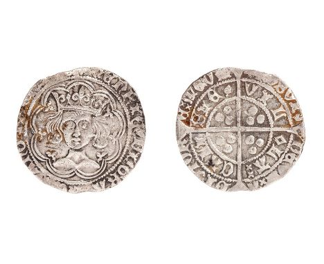 A silver hammered groat of Henry VI's first reign (1422-1461) dating to c. 1430-1434. Leaf-mascle issue, Calais mint. Leaf an