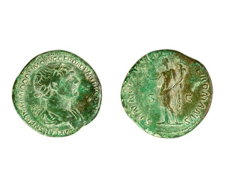 A copper-alloy sestertius of Trajan (AD 98-117) dating to c. AD 114-117. Obverse: laureate and draped bust right, IMP CAES NE