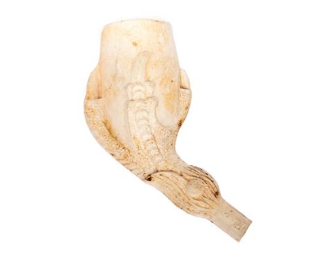 An incomplete mould-made clay smoking pipe dating to the later 19th century. The bowl is rendered as being held by a bird’s f