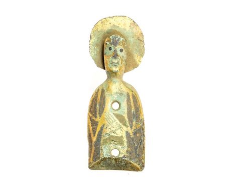 A complete cast copper-alloy gilt and champleve enamel anthropomorphic Limoges mount, dating c. 1150-1300. The mount takes th