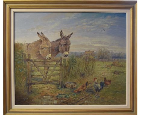 John G Mace (contemporary), Country landscape with donkeys and chickens by a gate, oil on board, signed lower left, 50 x 60