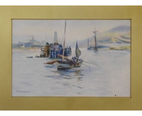 Watercolour, signed E R Searby, dated 1921, watercolour, Fishing boats leaving harbour, 15.5 x 24cm