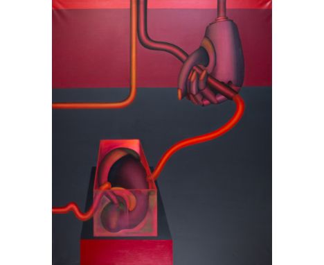 Sitterle, Johanna (1921 Karlsruhe)  Aus der Retorte, um 1990 Öl auf Leinwand. Verso signiert und betitelt. 120,5x 100 cm. Hin