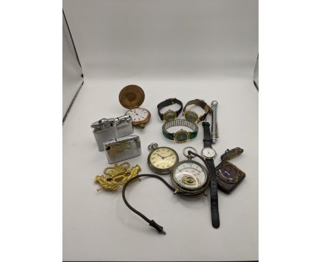 A mixed lot to include a Dunlop lighter and others, together with a silver plated vesta case along with watches to include Lo