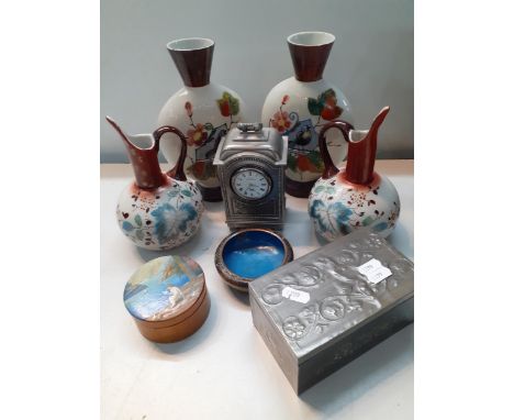 Mixed 20th Century ceramics to include painted glass vases, a cloisonne dish and an early to mid 20th Century painted treen t