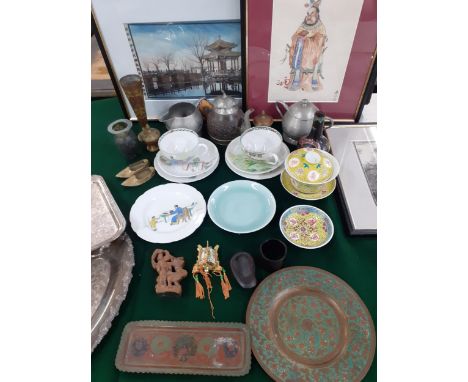 Mixed Orientals to include a Chinese pewter teapot, a small Cloisonne vase and a framed watercolour and pencil drawing of Emp