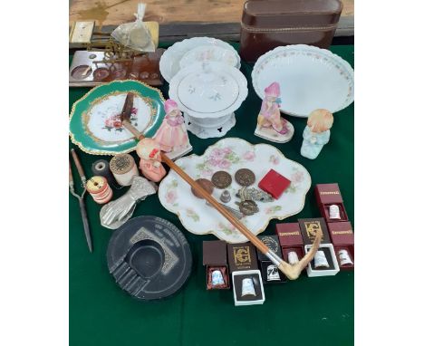 A group of ceramics and collectors thimbles together with vintage postal scales, a Coalbrookdale ashtray dated 1979, a small 