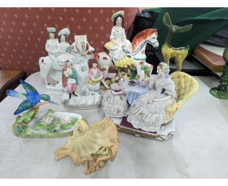 A group of early 20th century and later ceramic figures A/F to include Staffordshire, a figure group, Crown Staffordshire Kin