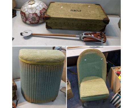 A mixed lot to include a Lloyd Loom chair and basket, shooting stick, canvas bound trunk and light shadesLocation: 