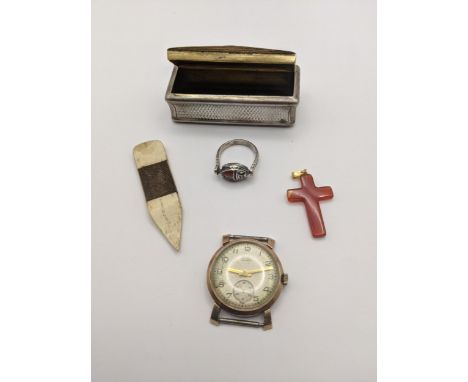 A 9ct gold cased Arnex manual winding wristwatch, total weight 20.9g, together with a two sided silver fob watch and othersLo